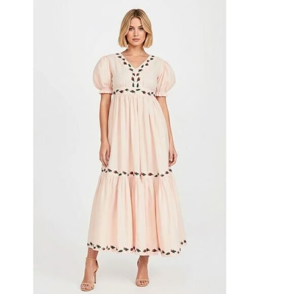 Fanm Mon Aktur Embroidered Linen Maxi Dress New XS Pink - Picture 1 of 7